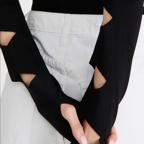 NORMA KAMALI “ALLIGATOR” CUTOUT MOCK-NECK BODYSUIT, SZ S BLACK NWT!! - Picture 11 of 16